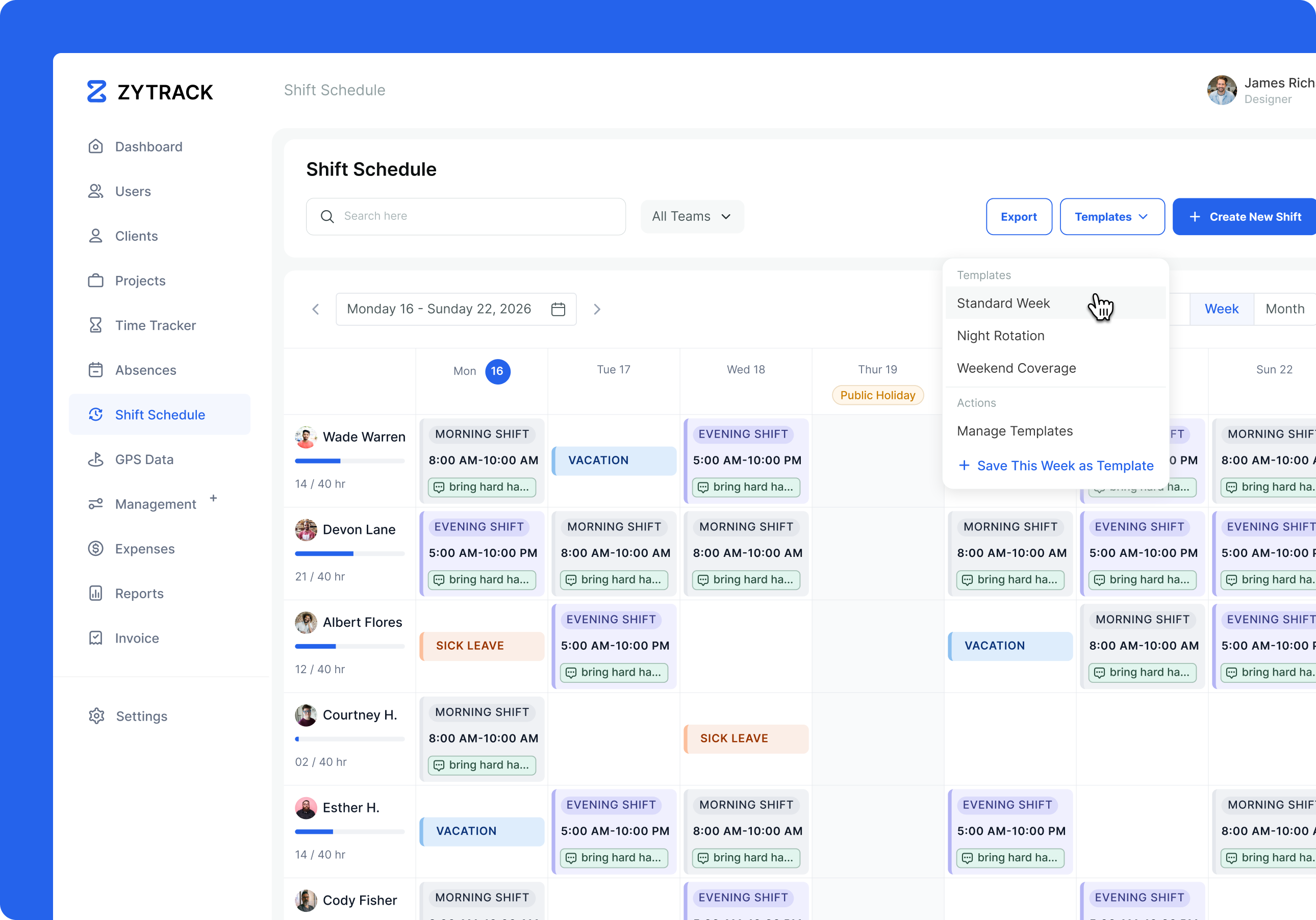 Zytrack shift scheduling dashboard